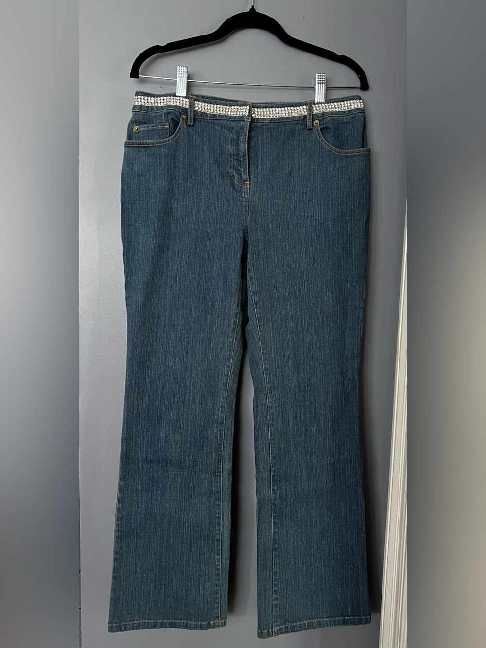 INC International Concepts Stretch Denim Flare Leg Jeans with Rhinestone Belt